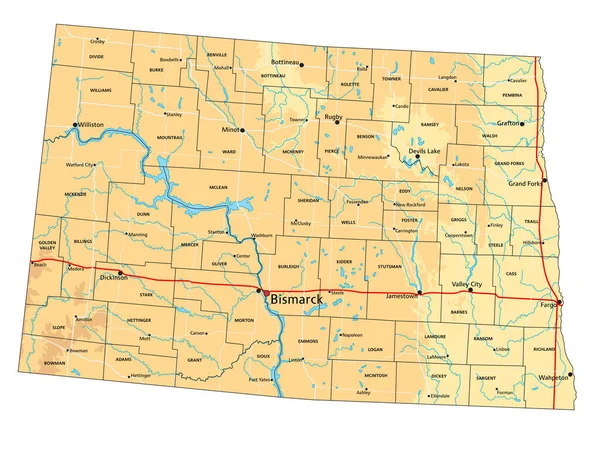 Mycket Detaljerad North Dakota Fysisk Karta Med Märkning — Stock vektor