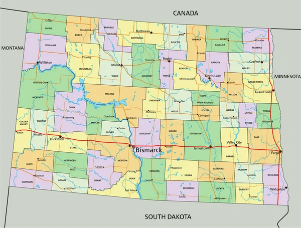 Северная Дакота Подробная Редактируемая Политическая Карта Маркировкой — стоковый вектор