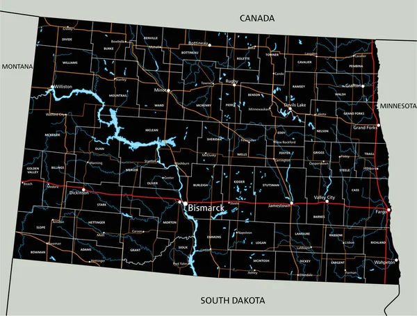 Hög Detaljerad North Dakota Färdplan Med Märkning — Stock vektor