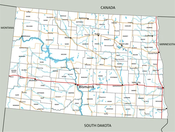 Hoja Ruta Detallada Dakota Del Norte Con Etiquetado — Archivo Imágenes Vectoriales