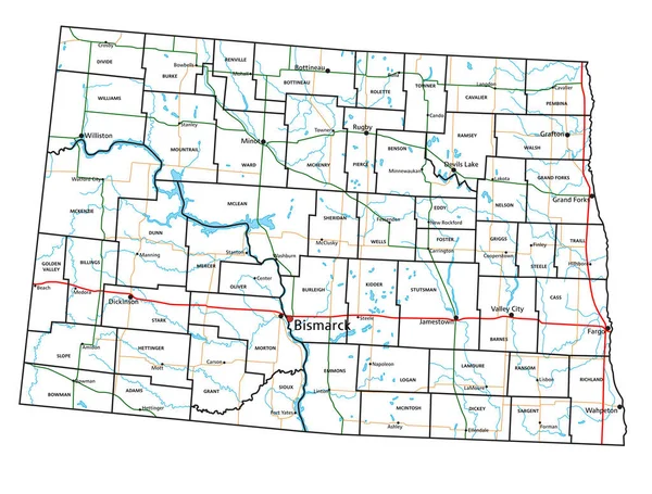 ノースダコタ州の道路や高速道路地図 ベクターイラスト — ストックベクタ