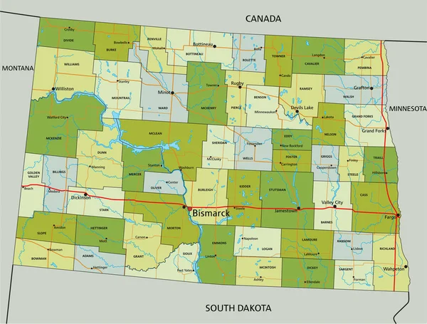 Vysoce Podrobná Upravitelná Politická Mapa Oddělenými Vrstvami Severní Dakota — Stockový vektor