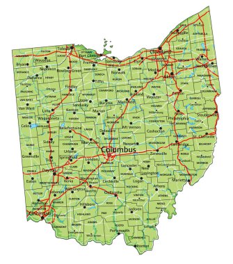 Etiketli yüksek detaylı Ohio fiziksel haritası.