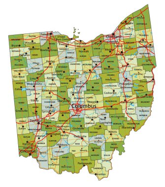 Ayrık katmanlı, son derece detaylı politik harita. Ohio.