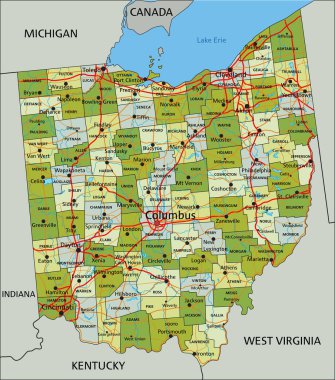 Ayrık katmanlı, son derece detaylı politik harita. Ohio.