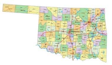 Oklahoma - Etiketleme ile son derece ayrıntılı düzenlenebilir siyasi harita.
