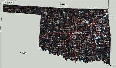 Etiketli yüksek detaylı Oklahoma yol haritası.