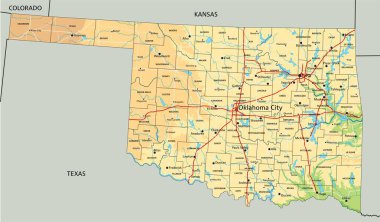 Etiketli yüksek detaylı Oklahoma fiziksel haritası.