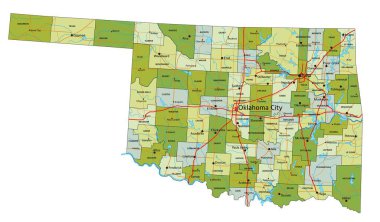 Ayrık katmanlı, son derece detaylı politik harita. Oklahoma.