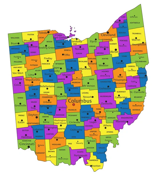 Colorido Mapa Político Ohio Con Capas Claramente Etiquetadas Separadas Ilustración — Vector de stock