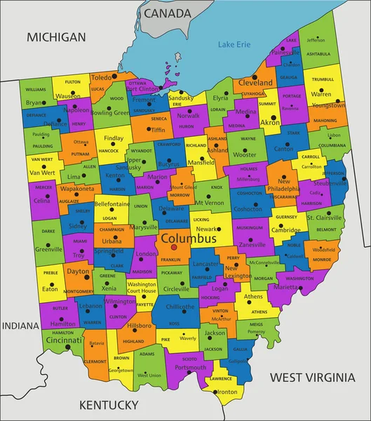 Farbenfrohe Politische Landkarte Von Ohio Mit Klar Beschrifteten Getrennten Ebenen — Stockvektor