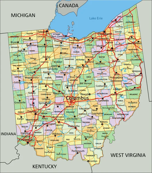 Ohio Mapa Político Editável Altamente Detalhado Com Rotulagem —  Vetores de Stock