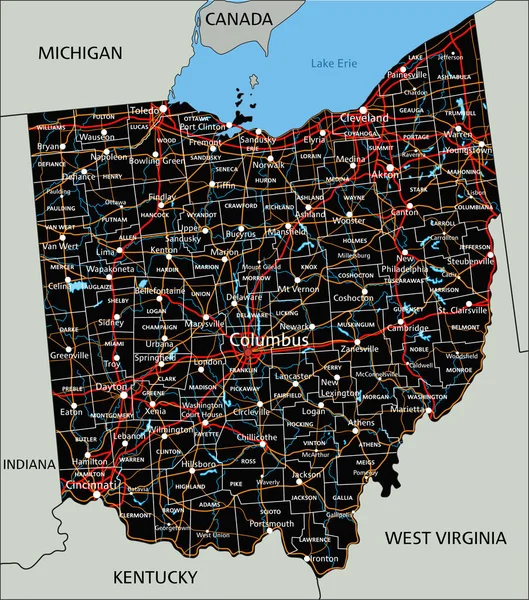 Hoja Ruta Detallada Ohio Con Etiquetado — Vector de stock