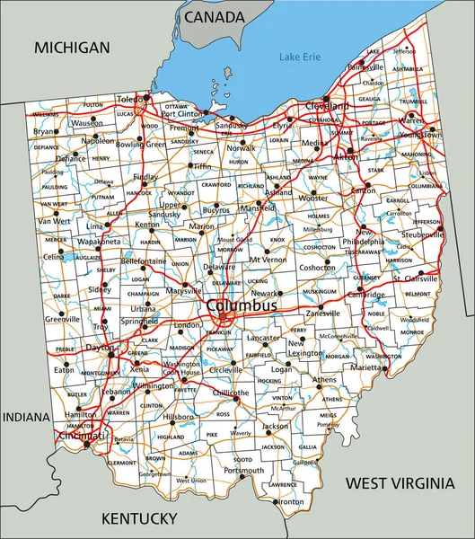 ラベル付きの詳細なオハイオ州の道路地図 — ストックベクタ