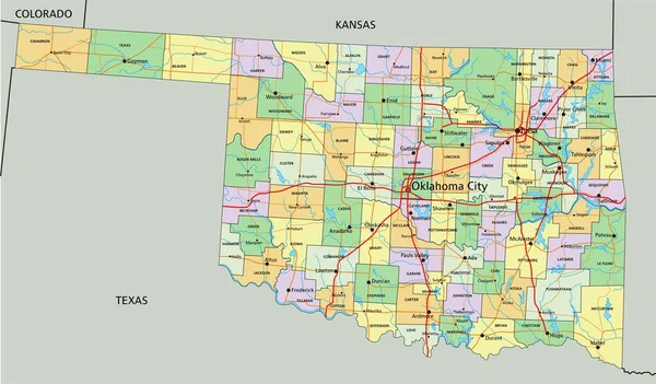 Oklahoma Zeer Gedetailleerde Bewerkbare Politieke Kaart Met Etikettering — Stockvector