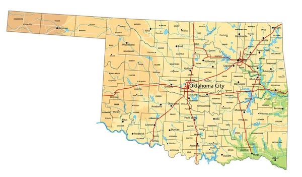 Mapa Físico Oklahoma Detalhado Alto Com Rotulagem —  Vetores de Stock