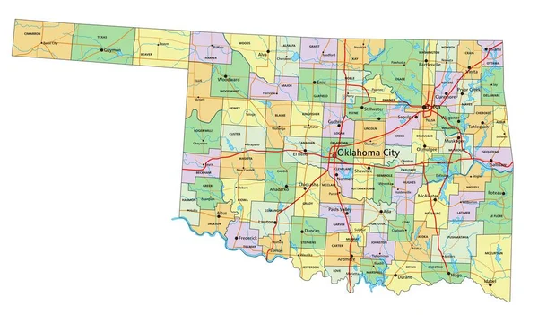 オクラホマ州 ラベル付きの非常に詳細な編集可能な政治地図 — ストックベクタ