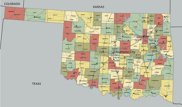 Oklahoma Mapa Político Editable Altamente Detallado Con Etiquetado — Vector de stock