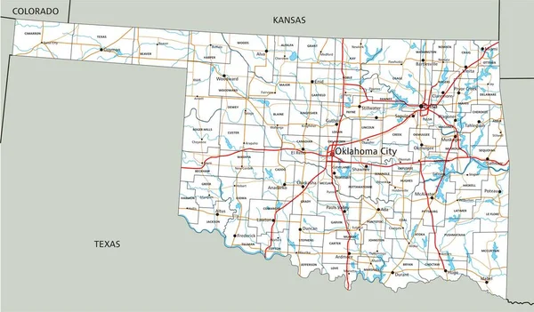 Hoja Ruta Detallada Oklahoma Con Etiquetado — Vector de stock