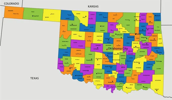 Bunte Politische Landkarte Von Oklahoma Mit Klar Beschrifteten Getrennten Ebenen — Stockvektor