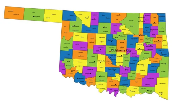 Bunte Politische Landkarte Von Oklahoma Mit Klar Beschrifteten Getrennten Ebenen — Stockvektor