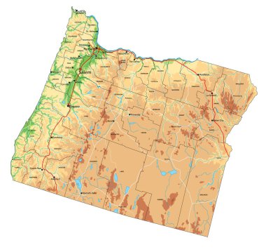 Etiketli son derece detaylı Oregon fiziksel haritası.