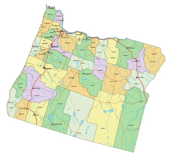 オレゴン州 ラベル付きの非常に詳細な編集可能な政治地図 — ストックベクタ