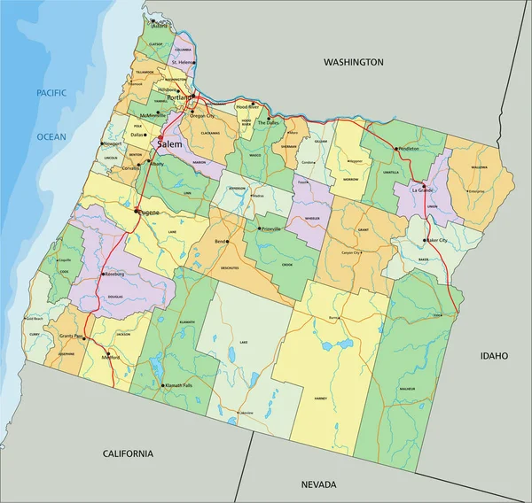 オレゴン州 ラベル付きの非常に詳細な編集可能な政治地図 — ストックベクタ