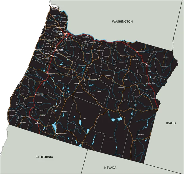 ラベル付きの詳細なオレゴン州の道路地図 — ストックベクタ