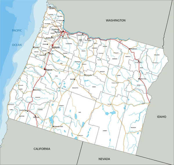 Mappa Dettagliata Dell Oregon Con Etichettatura — Vettoriale Stock