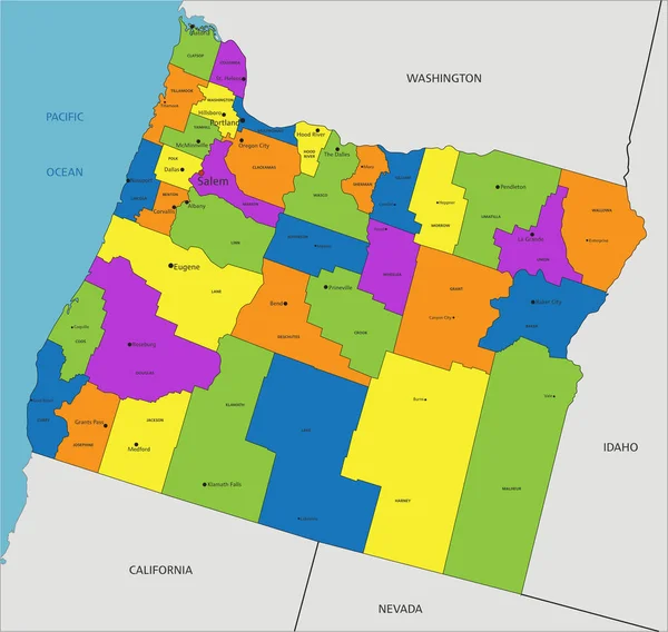 色彩斑斓的俄勒冈州政治地图 有清晰的标签和分隔的图层 矢量说明 — 图库矢量图片