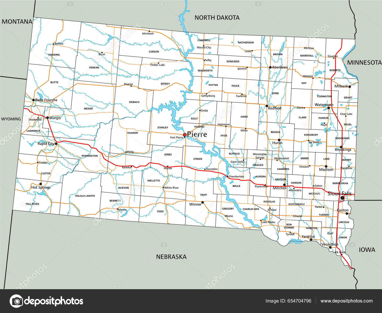 South Dakota Road Highway Map Vector Illustration Stock Vector by