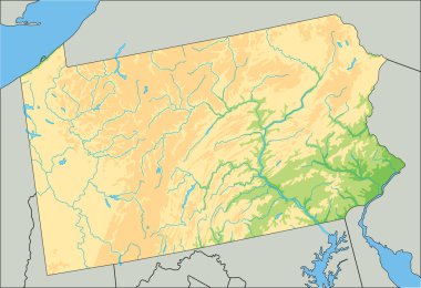 Yüksek detaylı Pennsylvania fiziksel haritası.