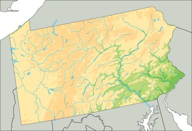 Yüksek detaylı Pennsylvania fiziksel haritası.