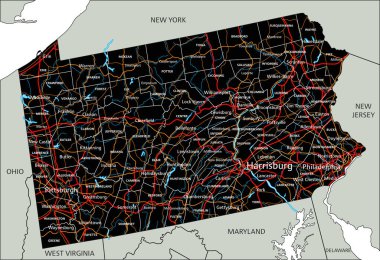 Etiketli yüksek detaylı Pennsylvania yol haritası.