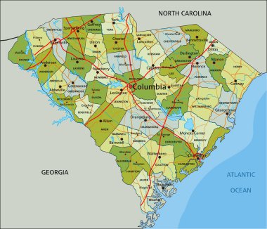 Ayrık katmanlı, son derece detaylı politik harita. Güney Carolina.