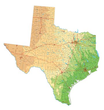 Etiketli yüksek detaylı Teksas fiziksel haritası.