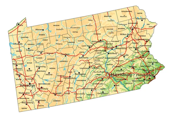 Hög Detaljerad Pennsylvania Fysisk Karta Med Märkning — Stock vektor