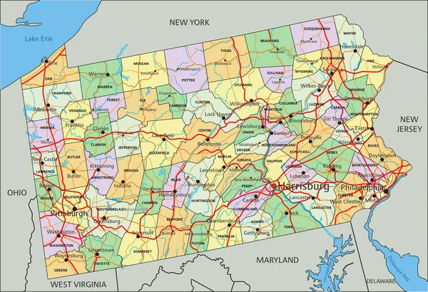 Pennsylvania Mycket Detaljerad Redigerbar Politisk Karta Med Etikett — Stock vektor