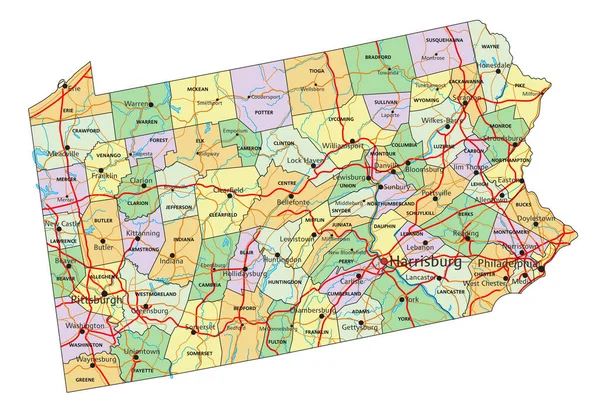 Pennsylvania Mappa Politica Altamente Dettagliata Modificabile Con Etichettatura — Vettoriale Stock