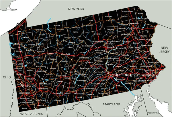 Висока Детальна Карта Доріг Пенсильванії Маркуванням — стоковий вектор