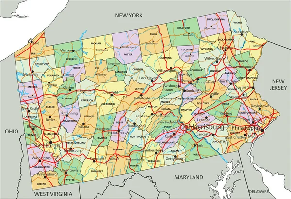 宾夕法尼亚 带有标签的高度详细的可编辑政治地图 — 图库矢量图片