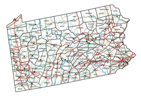 Pennsylvania Väg Och Motorväg Karta Vektorillustration — Stock vektor