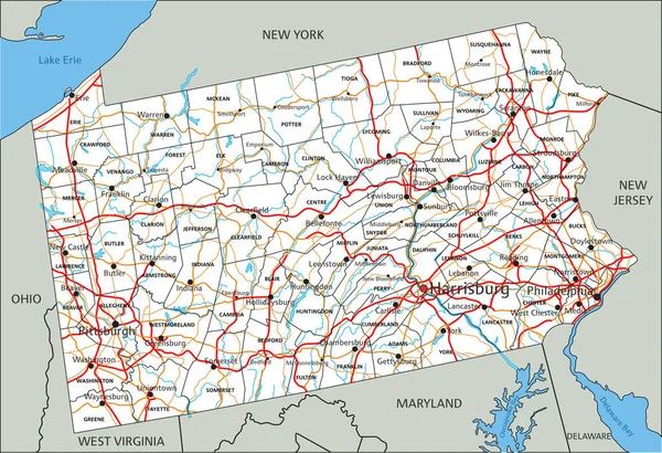 Mapa Estradas Pensilvânia Detalhado Alto Com Rotulagem — Vetor de Stock
