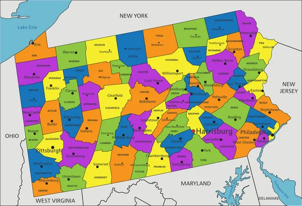 五彩斑斓的宾夕法尼亚政治地图 有清晰的标签和分隔的图层 矢量说明 — 图库矢量图片