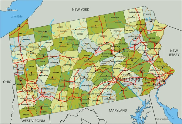 Mycket Detaljerad Redigerbar Politisk Karta Med Separerade Lager Pennsylvania — Stock vektor