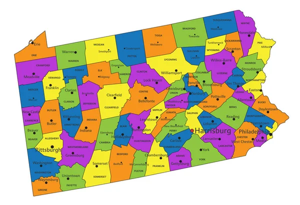 五彩斑斓的宾夕法尼亚政治地图 有清晰的标签和分隔的图层 矢量说明 — 图库矢量图片