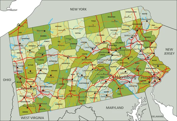 Mapa Político Editável Altamente Detalhado Com Camadas Separadas Pennsylvania — Vetor de Stock