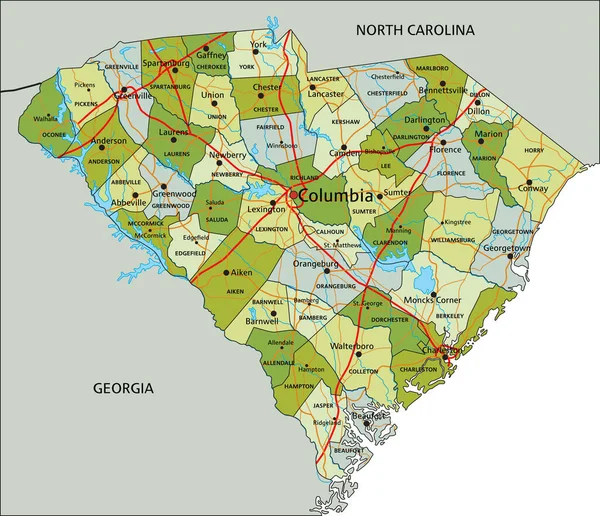 独立したレイヤーを持つ非常に詳細な編集可能な政治マップ サウスカロライナ州 — ストックベクタ