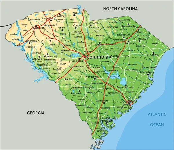 ラベル付きの高詳細サウスカロライナ物理地図 — ストックベクタ